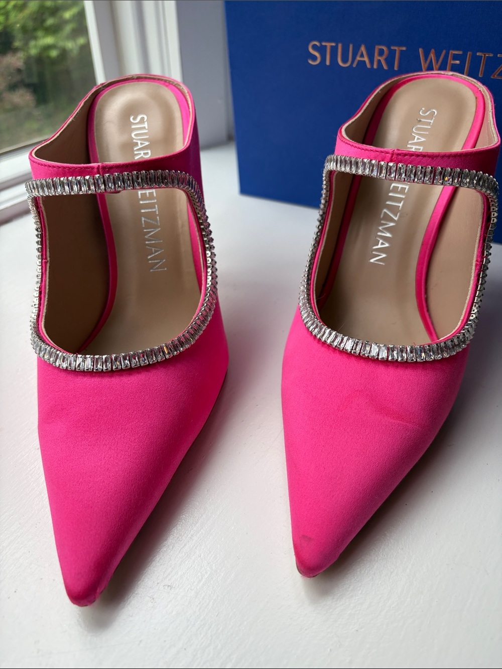 Stuart Weitzman Magenta Curve Satin Crystal-Trim Pointed-Toe Heels - Picture 11 of 13